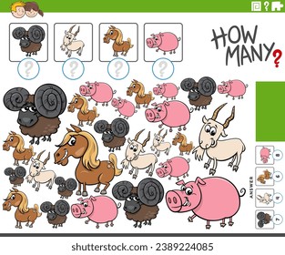 Cartoon illustration of educational counting activity with comic farm animal characters