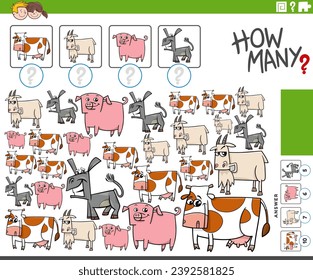 Cartoon illustration of educational counting activity with comic farm animal characters