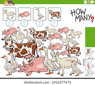 Cartoon illustration of educational counting activity with comic farm animal characters