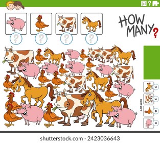 Cartoon illustration of educational counting activity with comic farm animal characters