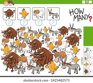 Cartoon illustration of educational counting activity with comic farm animal characters