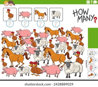 Cartoon illustration of educational counting activity with comic farm animal characters