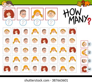 Cartoon Illustration of Educational Counting Activity Task for Preschoolers with Children Characters