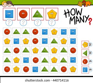 Cartoon Illustration of Educational Counting Activity Task for Preschool Children with Geometric Shapes