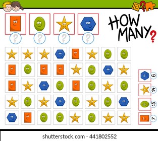 Cartoon Illustration of Educational Counting Activity Task for Preschool Children with Geometric Shapes