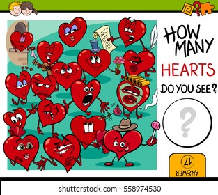 Cartoon Illustration of Educational Counting Activity for Children with Hearts in Love Valentines Day Characters