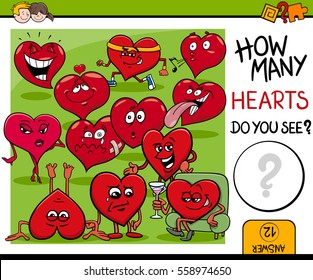 Cartoon Illustration of Educational Counting Activity for Children with Hearts Valentines Day Characters