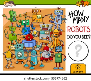 Cartoon Illustration of Educational Counting Activity for Children with Robot Characters