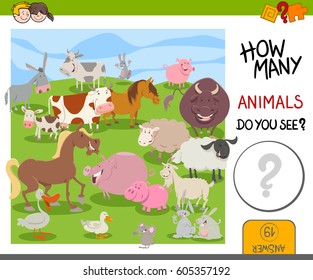 Cartoon Illustration of Educational Counting Activity for Kids with Cute Animal Characters