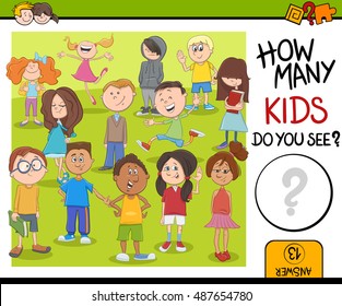 Cartoon Illustration of Educational Counting or Calculating Task for Children with Kid Characters Crowd
