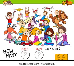 Cartoon Illustration of Educational Counting Game for Children with Girls and Boys Characters Group