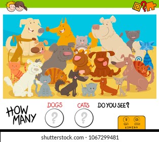 Cartoon Illustration of Educational Counting Game for Children with Dogs and Cats Animal Characters Group