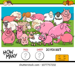 Cartoon Illustration of Educational Counting Game for Children with Pigs and Sheep Farm Animals Characters Group