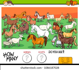 Cartoon Illustration of Educational Counting Game for Children with Horses and Goats Farm Animals Characters Group