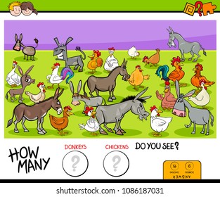 Cartoon Illustration of Educational Counting Game for Children with Donkeys and Chickens Farm Animals Characters Group