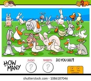 Cartoon Illustration of Educational Counting Game for Children with Ducks and Rabbits Farm Animals Characters Group