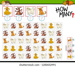 Cartoon Illustration of Educational Counting Game for Children with Dog Characters