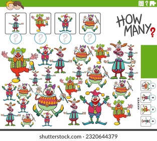Ilustración de dibujos animados del juego de recuento educativo con personajes payasos
