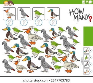 Cartoon illustration of educational counting game with birds animal characters