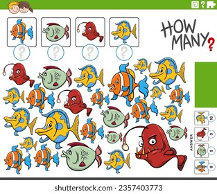 Cartoon illustration of educational counting game with fish animal characters