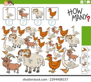 Cartoon illustration of educational counting game with comic farm animal characters