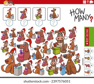 Cartoon illustration of educational counting game with comic dogs animal characters on Christmas time