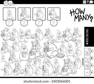 Cartoon illustration of educational counting game with comic animal characters on Christmas time coloring page