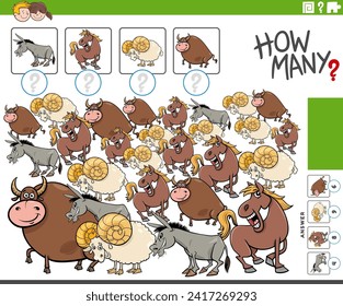 Cartoon illustration of educational counting game with comic farm animal characters