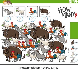 Cartoon illustration of educational counting game with comic farm animal characters