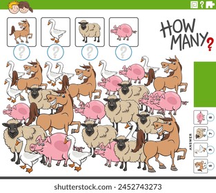 Cartoon illustration of educational counting game with comic farm animal characters