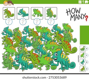 Cartoon illustration of educational counting game with comic chameleons animal characters