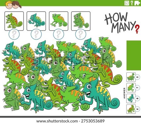 Cartoon illustration of educational counting game with comic chameleons animal characters