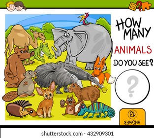 Cartoon Illustration of Educational Counting Math Activity for Preschool Children with Wildlife Animal Characters