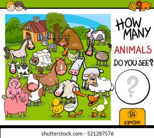 Cartoon Illustration of Educational Counting Math Activity for Children with Wildlife Animal Characters