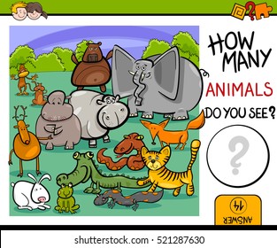 Cartoon Illustration of Educational Counting Maths Activity for Children with Wild Animal Characters