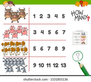Cartoon Illustration of Educational Counting Task for Children with Funny Farm Animal Characters