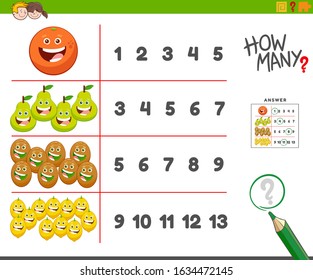 Cartoon Illustration of Educational Counting Task for Children with Happy Fruits Characters