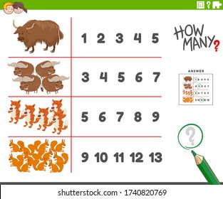 Ilustración de la tarea de recuento educativo para niños con caracteres animales salvajes