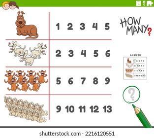 Ilustración de caricatura de la tarea de recuento educativo para niños con perros cómicos con personajes animales