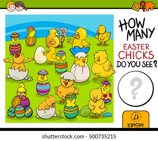 Cartoon Illustration of Educational Counting Task for Preschool Children with Easter Chicks Characters