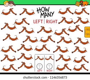 Cartoon Illustration of Educational Game of Counting Left and Right Pictures for Children with Dachshund Dog