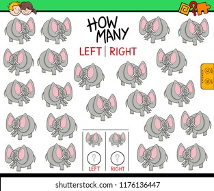 Cartoon Illustration of Educational Game of Counting Left and Right Oriented Pictures for Children with Funny Elephant Character