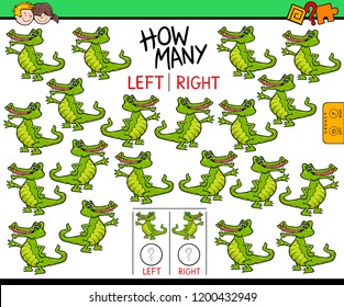 Cartoon Illustration of Educational Game of Counting Left and Right Oriented Pictures for Children with Funny Crocodile Character
