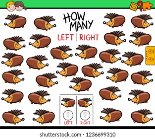 Cartoon Illustration of Educational Game of Counting Left and Right Oriented Pictures for Children with Funny Hedgehog Character