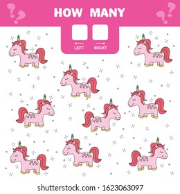 Cartoon Illustration of Educational Game of Counting Left and Right Picture for Children - pink unicorn