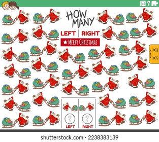 Cartoon illustration of educational game of counting left and right oriented pictures of Santa Claus with sledge and sack of gifts on Christmas time