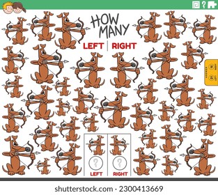 Cartoon illustration of educational game of counting left and right oriented pictures of a dog shooting the bow