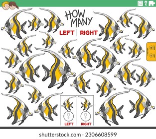 Cartoon illustration of educational game of counting left and right oriented pictures of a fish marine animal character