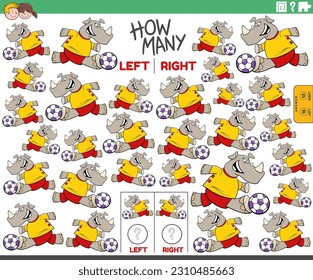 Cartoon illustration of educational game of counting left and right oriented pictures of a funny rhinoceros playing soccer