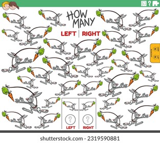 Cartoon illustration of educational game of counting left and right oriented pictures of funny rabbit chasing a carrot